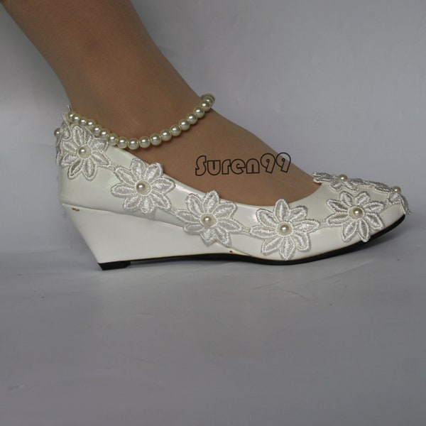 2" white wedge wedding shoes women bridal shoes ivory wedding shoes for bridesmaids low high heel bride women wedding shoes