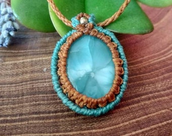 Larimar Macrame Pendant: Bronze Healing Necklace