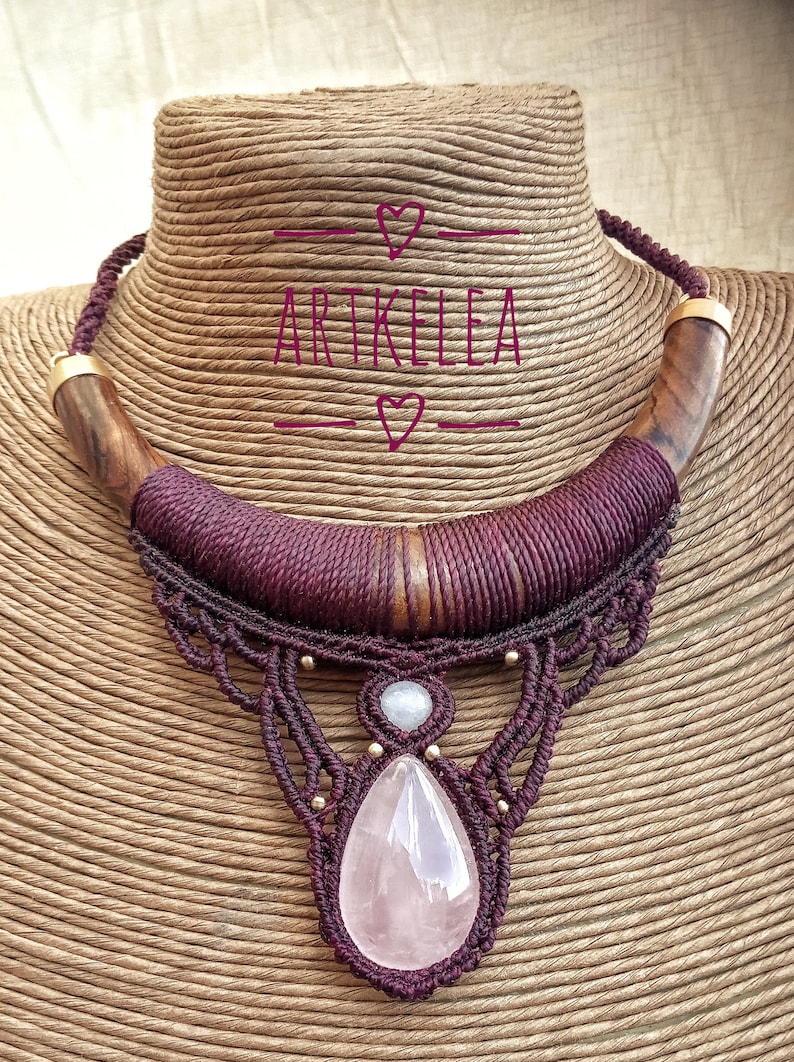 spiritual jewelry macrame choker Macrame  necklace wood choker rose quartz necklace