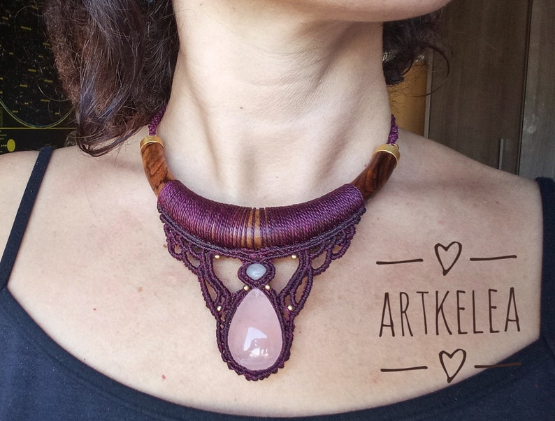 spiritual jewelry macrame choker Macrame necklace wood choker rose quartz necklace