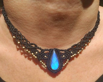 Labradorite choker macrame, collier Labradorite, choker fait à la main, collier labradorite bleu, festival choker, macrame choker, collier femme