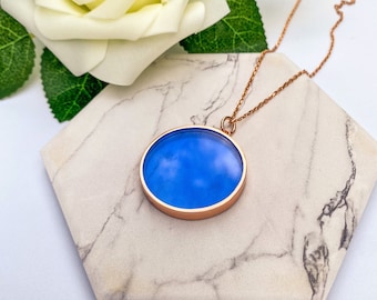 Rose Gold and Siberian Blue Quartz Circle Pendant Necklace for Her - Minimalist geometric jewelry on 18 inch rose gold, Anniversary Gift