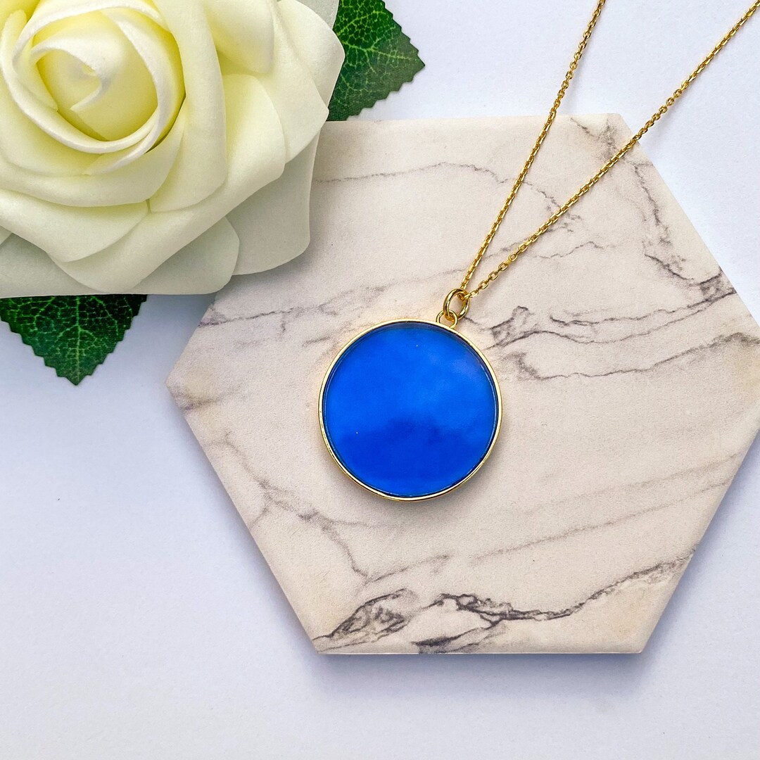 18k Gold and Siberian Quartz Blue Circle Pendant Necklace for Her