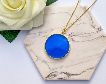 18k Gold and Siberian Quartz Blue Circle Pendant Necklace for Her - Minimalist geometric jewelry 18 inch gold filled chain - Birthday Gift