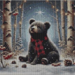 May include: A diamond painting kit featuring a black bear cub sitting in a snowy forest. The bear wears a red and black buffalo plaid scarf. The scene includes birch trees, glowing string lights, red berries, and a bright star in the night sky.