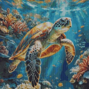 May include: A detailed beadwork tapestry depicting a sea turtle swimming through a vibrant underwater scene. The turtle features shades of brown, gold, and green, surrounded by colorful coral reefs, small orange fish, and deep blue water.