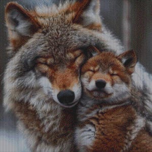 Könnte beinhalten: Ein Diamond-Painting-Set mit einem detaillierten Mosaikbild eines erwachsenen Wolfes und eines kleinen Welpen, die mit geschlossenen Augen zusammenruhen. Das Fell ist in Braun-, Grau- und Weißtönen gehalten, mit einer markanten schwarzen Nase.