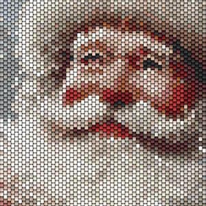 May include: A rectangular beaded tapestry featuring a pixelated portrait of a person with a prominent white beard and mustache. The composition uses a grid of small square beads in shades of white, tan, brown, and deep red to form the facial features.
