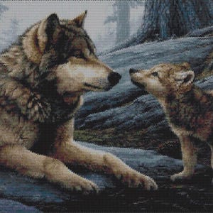 May include: A cross-stitch pattern featuring a large adult wolf with brown and gray fur lying down, facing a small wolf pup. The scene is set in a forest environment with dark tree trunks and textured ground, rendered in a detailed pixelated style.