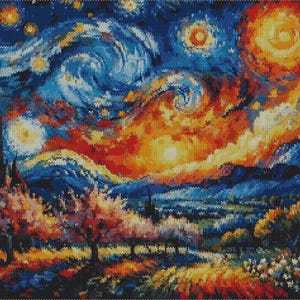May include: A beadwork tapestry depicting a night sky with swirling blue and orange clouds, bright yellow stars, and a dark silhouette of trees in the foreground. The composition features a vibrant landscape with rolling hills and textured patterns.