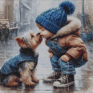 May include: A small dog wearing a blue denim vest and a child wearing a blue knit pom-pom hat, a brown jacket with a fur-trimmed hood, blue denim overalls, and black sneakers, both standing together in the rain on a gray paved surface.