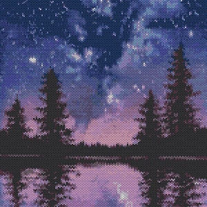 May include: A beaded tapestry featuring a nighttime landscape with silhouettes of coniferous trees reflected in a calm body of water. The sky is a gradient of deep blue and purple, filled with small, light-colored beads representing stars.