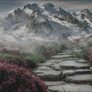May include: A cross stitch pattern depicting a snow-capped mountain range rising above a landscape of green hills and purple heather. A stone path made of large, flat, irregular gray rocks leads toward the mountains through the vibrant vegetation.