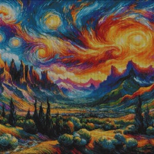 May include: A cross-stitch embroidery pattern featuring a vibrant landscape with swirling orange, yellow, and blue skies above jagged mountain peaks. The foreground displays dark green trees and textured golden fields, all rendered in a dense grid of colourful stitches.