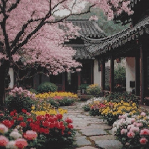 May include: A diamond painting kit depicting a stone pathway winding through a garden with blooming pink cherry blossom trees, vibrant red, yellow, and white flowers, and a traditional building with a dark tiled roof in the background.