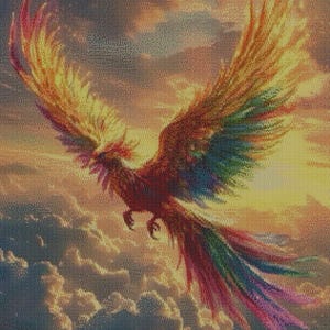 May include: A diamond painting kit featuring a vibrant phoenix in flight against a backdrop of golden clouds. The bird displays a spectrum of colors including red, orange, yellow, green, blue, and purple feathers, with wings spread wide in the sky.