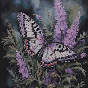May include: A cross-stitch embroidery pattern featuring a large butterfly with purple, black, and white wings accented with orange spots. The butterfly rests on tall, textured purple flower spikes surrounded by green foliage against a dark background.