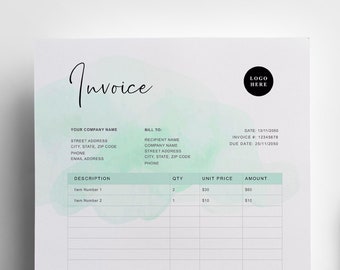 Watercolor Invoice Template | Printable Business Form (MS Word)