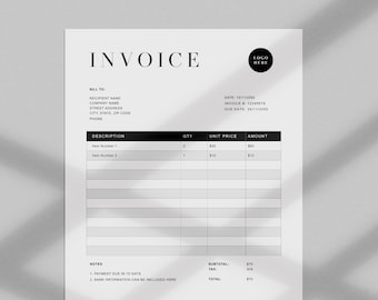 May include: Black and white invoice template with the word "INVOICE" at the top. The template includes sections for billing information, description, quantity, unit price, amount, subtotal, tax, and total. It also includes a section for notes and a space for the company's contact information.