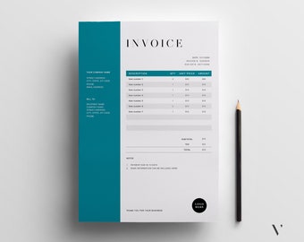 May include: A minimalist invoice template with a teal blue accent color. The invoice includes sections for billing information, description, quantity, unit price, amount, subtotal, tax, and total. The template also includes a section for notes and a space for a logo.