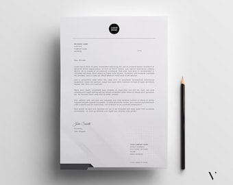 May include: A black and white letterhead template with a gray and white geometric design. The text "LOGO HERE" is at the top of the page. The text "YOUR COMPANY NAME" is at the bottom of the page.