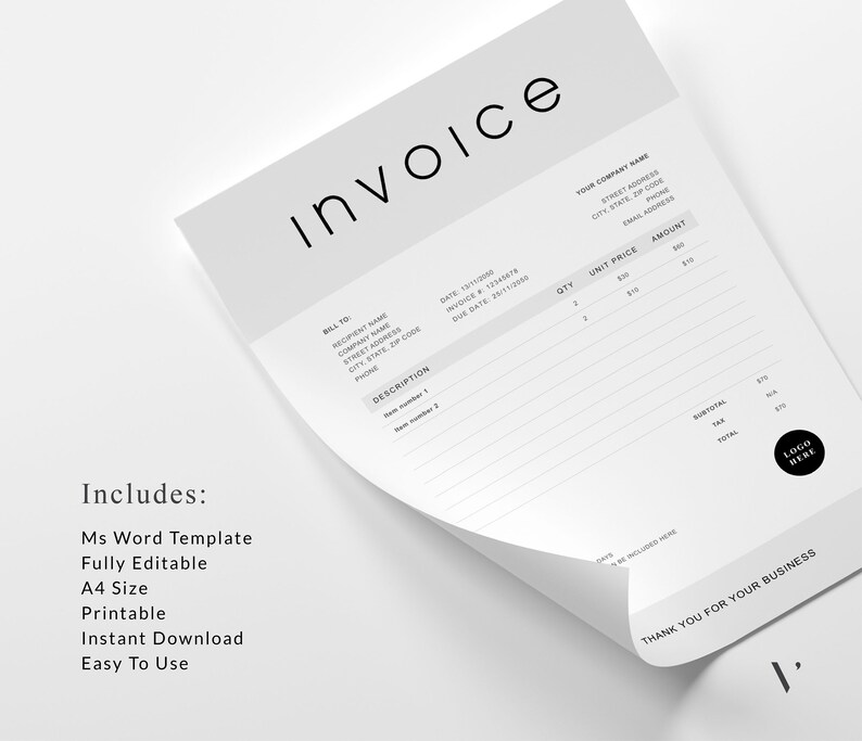 Editable Invoice Template Word | Printable Billing Form (A4) - Etsy