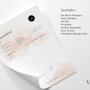 Peut inclure: Un mod&egrave;le de facture imprimable au format Microsoft Word. Le mod&egrave;le pr&eacute;sente un fond aquarelle rose clair avec un tableau pour lister les articles, les quantit&eacute;s, le prix unitaire et le montant. Le mod&egrave;le comprend 10 arri&egrave;re-plans &eacute;l&eacute;gants.