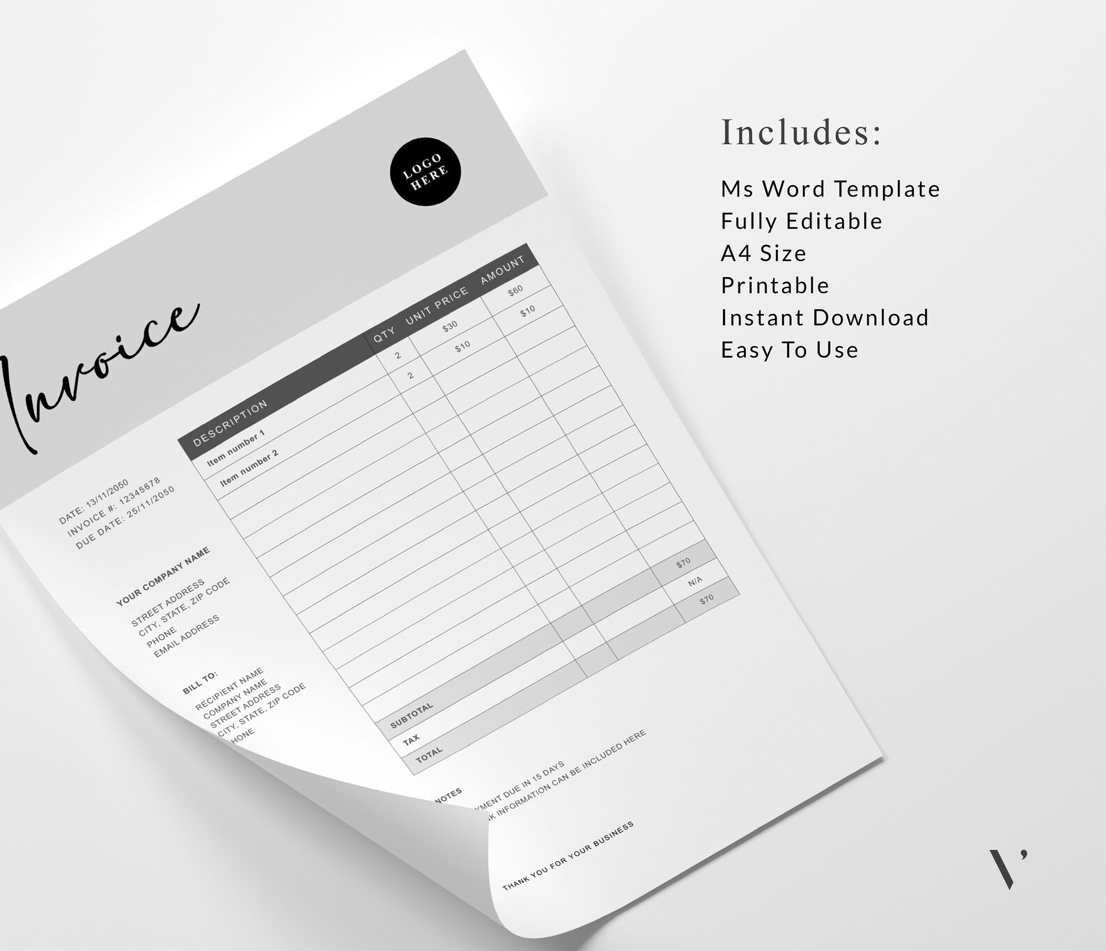 Invoice Template Word Printable Invoice Custom Order Forms | Etsy