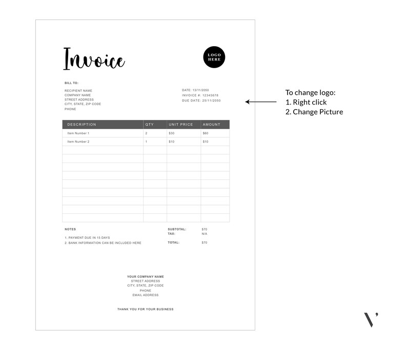 Invoice In Cursive Editable Invoice Template | Simple Billing Form (MS Word) - Etsy