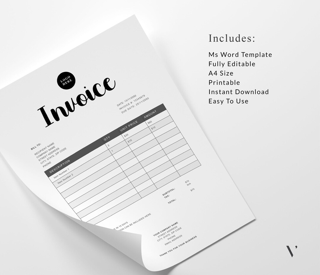 Editable Invoice Template | Printable Business Form (MS Word) - Etsy