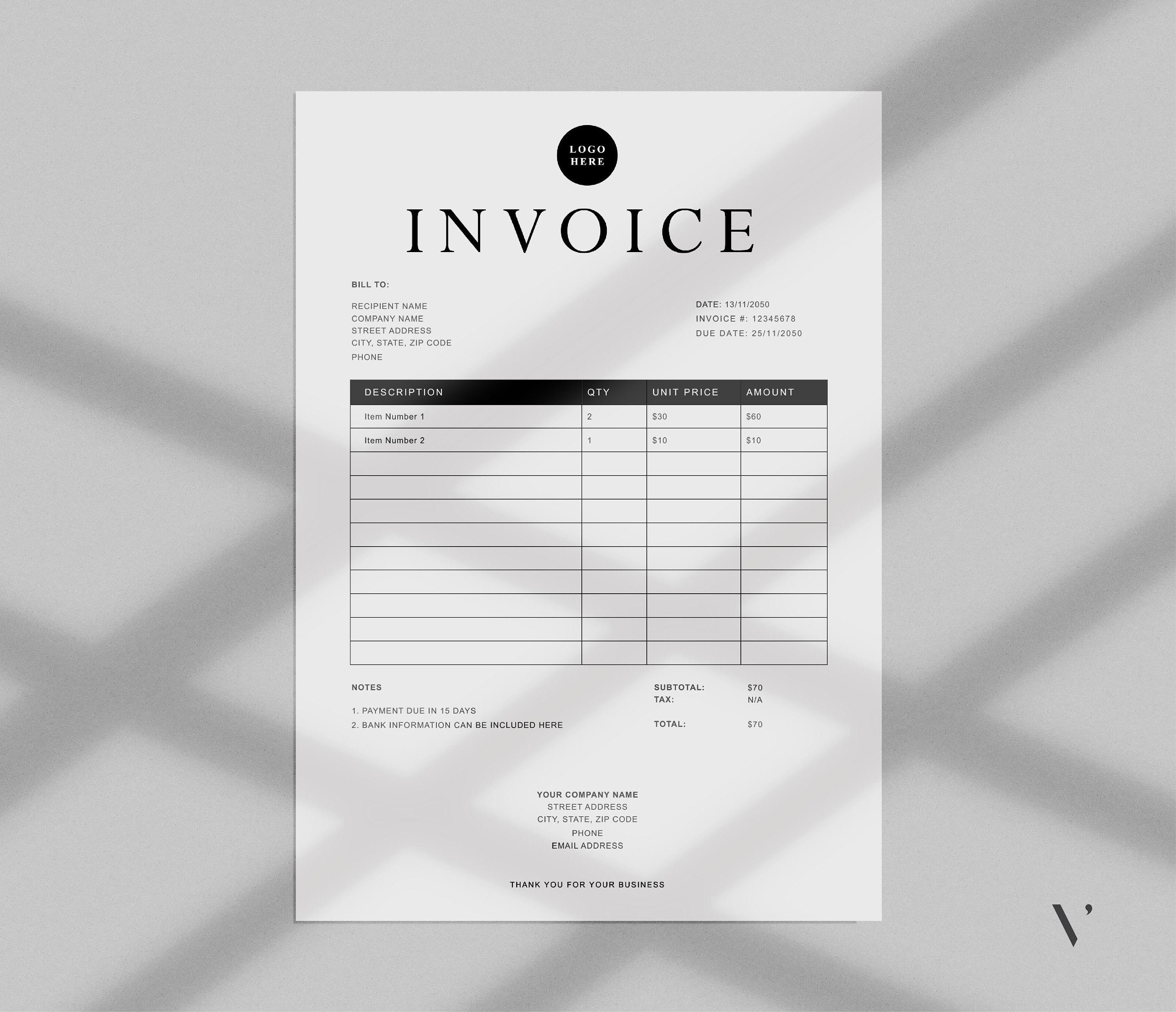 invoice template word printable invoice custom order forms etsy