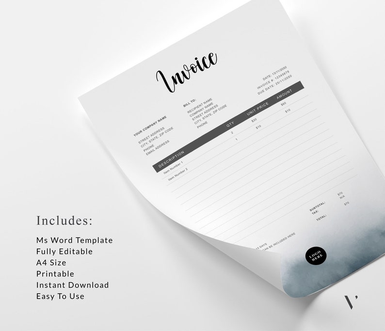 Editable Invoice Template | Printable Business Billing Form (MS Word ...