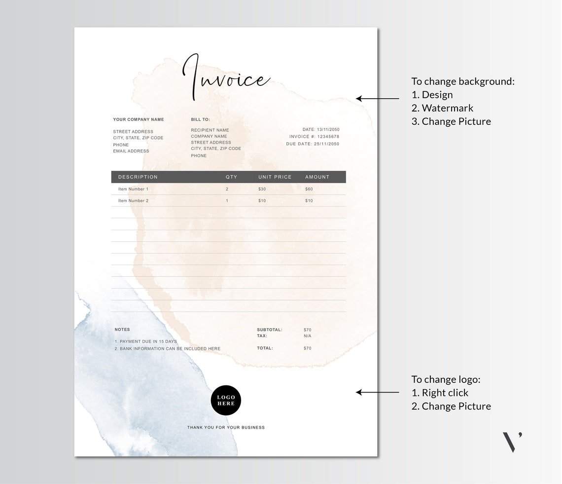 invoice template word printable invoice custom order forms etsy
