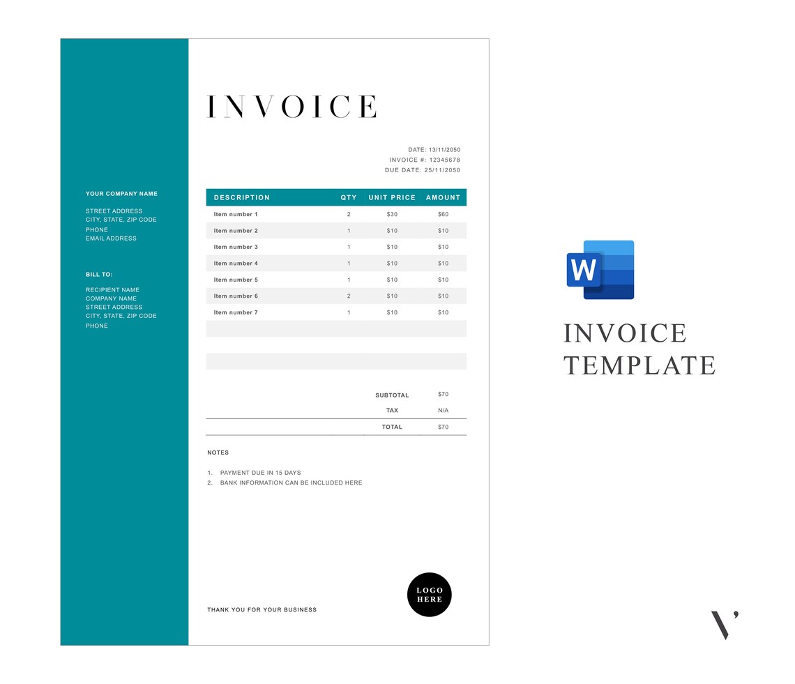 Editable Invoice Template | Printable Business Billing Form (MS Word ...