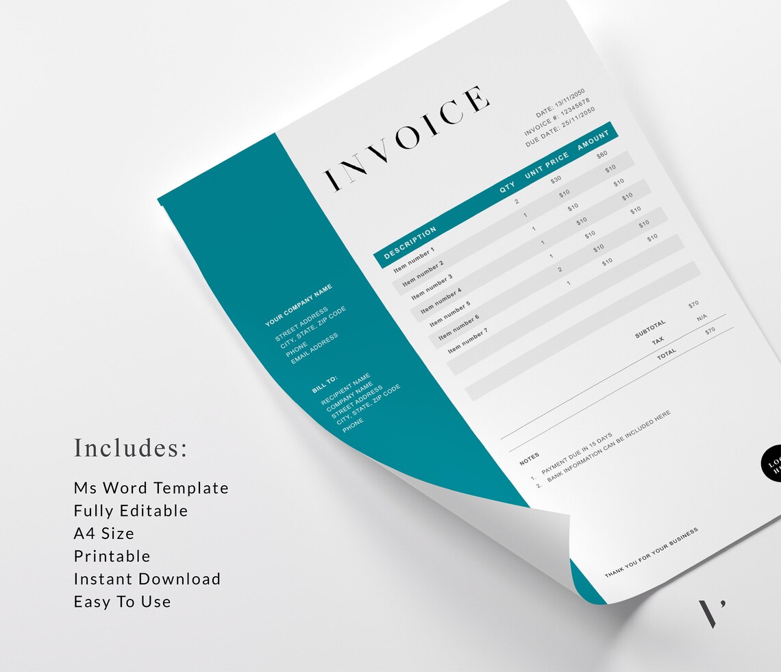 Editable Invoice Template | Printable Business Billing Form (MS Word ...