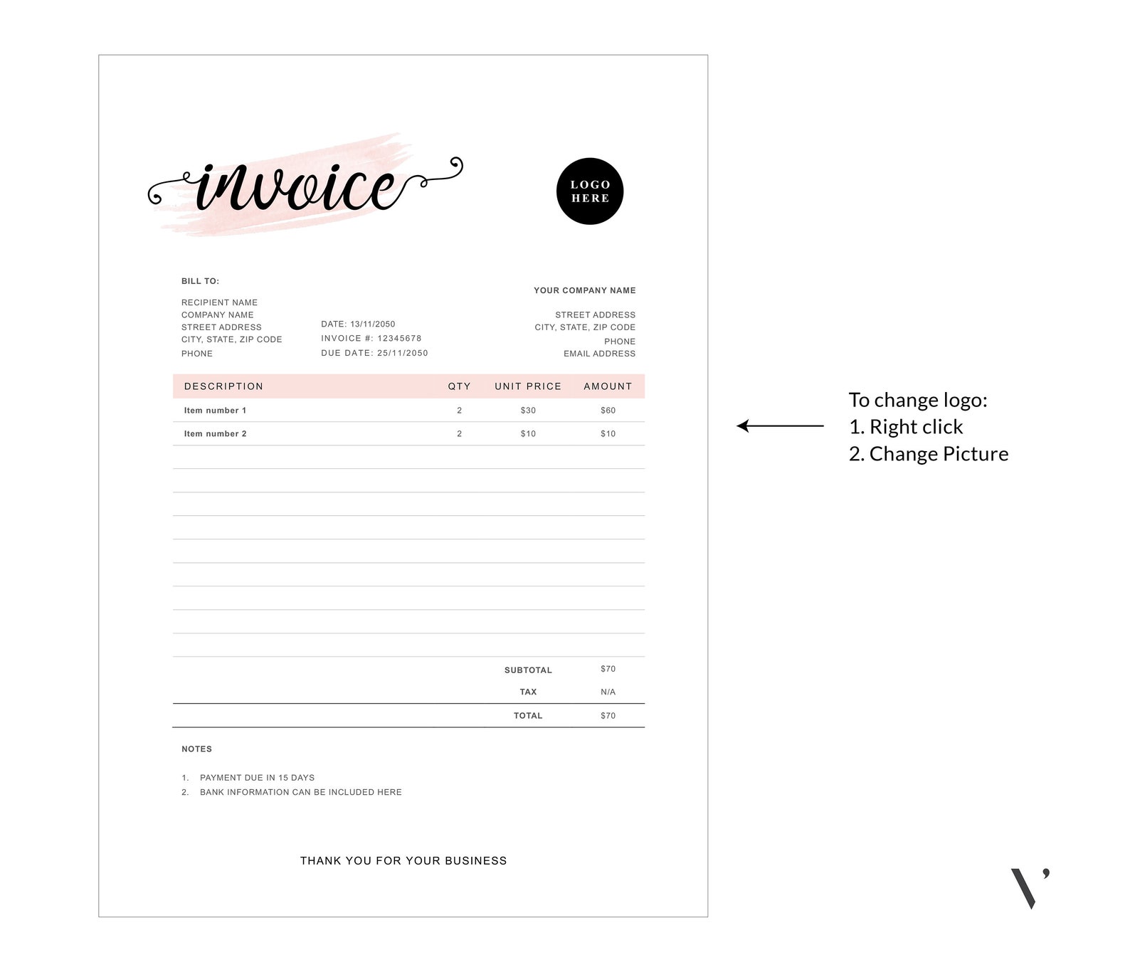 Invoice Template Word | Printable Invoice | Custom Order Forms ...