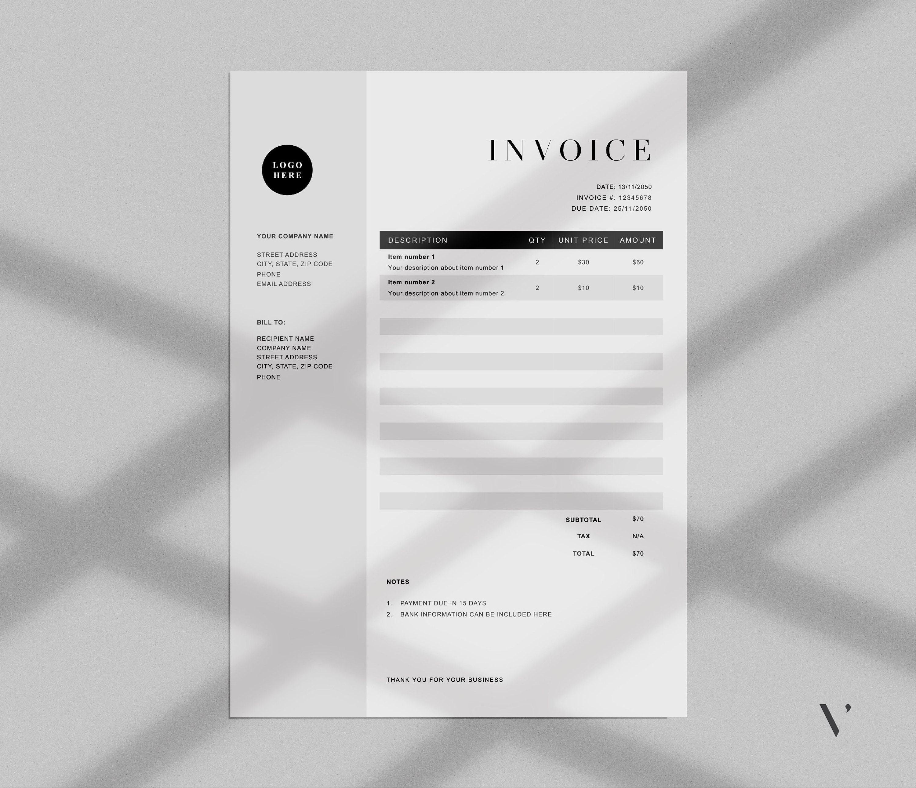 Invoice Template Word | Printable Invoice | Custom Order Forms | Business Invoice Template | Editable Simple Billing Form | Word Receipt