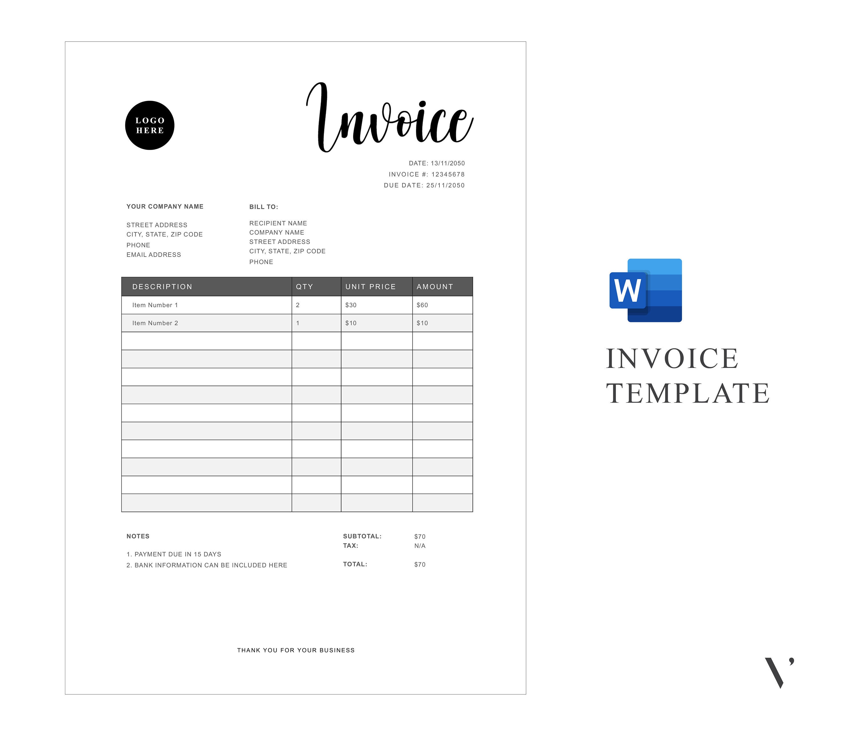 Invoice Template Word Printable Invoice Custom Order Forms Business ...