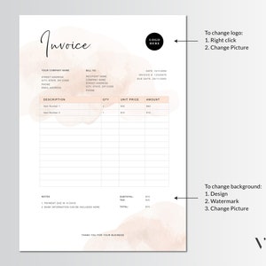 Peut inclure: Un mod&egrave;le de facture imprimable avec un fond aquarelle dans des tons de rose et de blanc. Le mod&egrave;le comprend des sections pour le nom de votre entreprise, les informations de facturation, la description des articles, la quantit&eacute;, le prix unitaire, le montant, le sous-total, la taxe et le total. Le mod&egrave;le comprend &eacute;galement des notes pour la date d'&eacute;ch&eacute;ance du paiement et les informations bancaires. Le mod&egrave;le a un espace r&eacute;serv&eacute; pour le logo et des instructions sur la fa&ccedil;on de modifier le logo et l'arri&egrave;re-plan.
