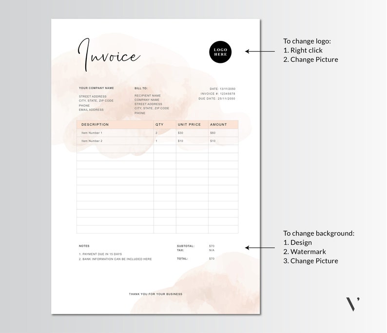 Peut inclure: Un mod&egrave;le de facture imprimable avec un fond aquarelle dans des tons de rose et de blanc. Le mod&egrave;le comprend des sections pour le nom de votre entreprise, les informations de facturation, la description des articles, la quantit&eacute;, le prix unitaire, le montant, le sous-total, la taxe et le total. Le mod&egrave;le comprend &eacute;galement des notes pour la date d'&eacute;ch&eacute;ance du paiement et les informations bancaires. Le mod&egrave;le a un espace r&eacute;serv&eacute; pour le logo et des instructions sur la fa&ccedil;on de modifier le logo et l'arri&egrave;re-plan.