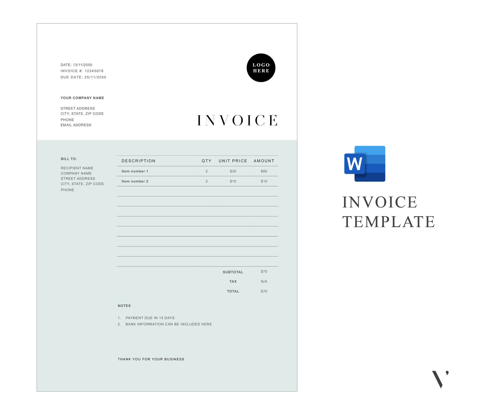Editable Invoice Template | Printable Business Form (MS Word) - Etsy Canada