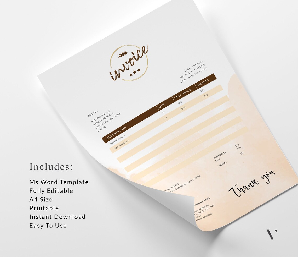 bakery invoice template invoice template word printable etsy