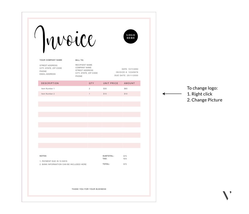 Invoice In Cursive Editable Invoice Template | Printable Business Form (MS Word) - Etsy ...