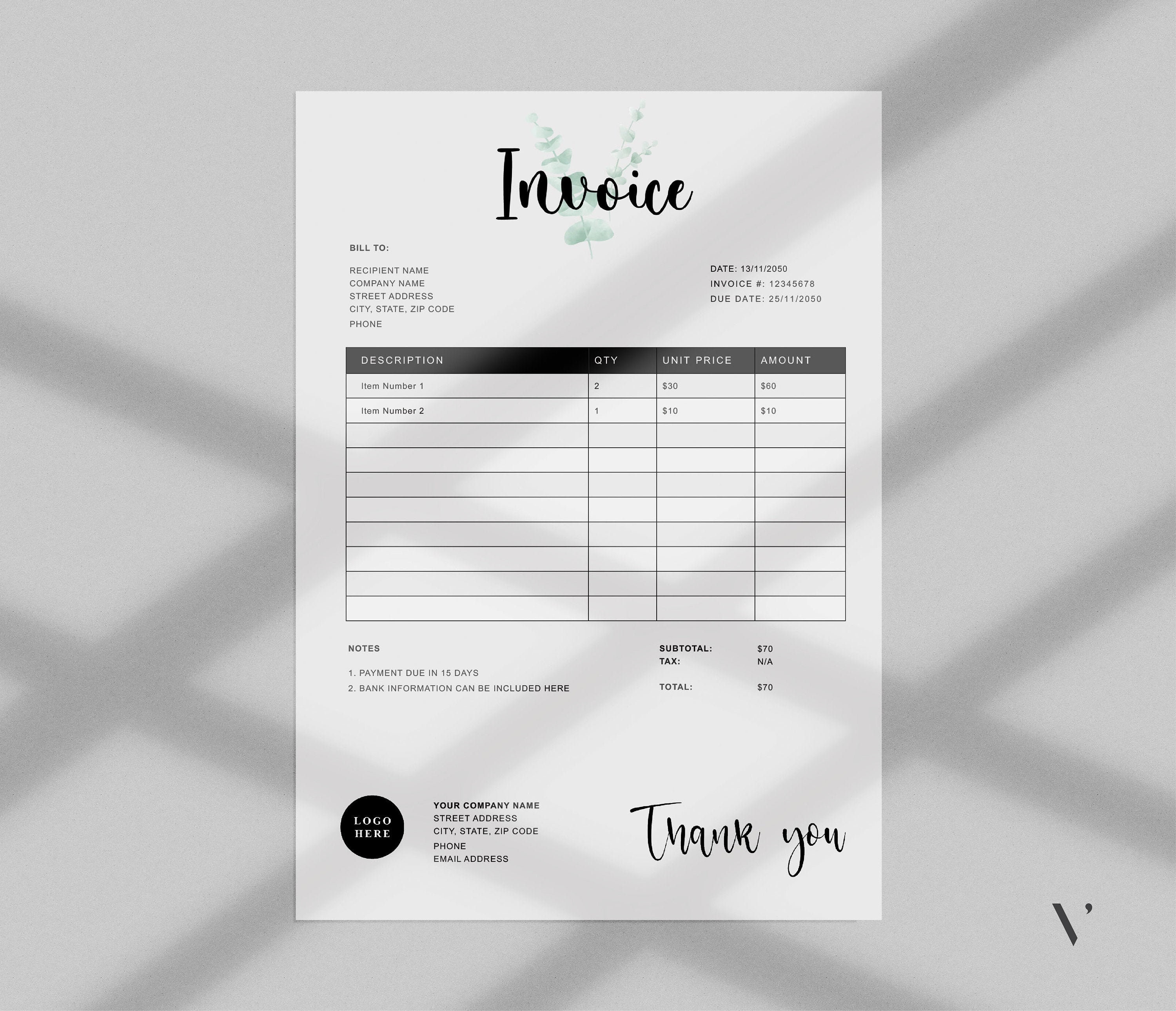 invoice template word printable invoice custom order forms etsy