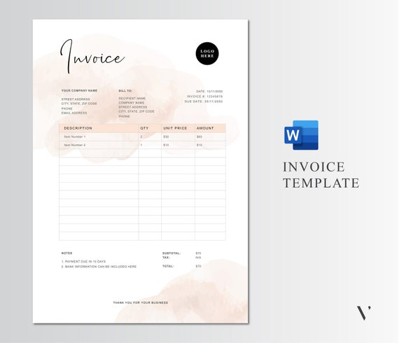 Printable Invoice Template | Elegant Watercolour Design (MS Word)