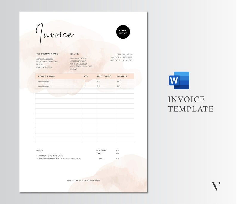 Peut inclure: Un mod&egrave;le de facture imprimable avec un arri&egrave;re-plan aquarelle. Le mod&egrave;le comprend des sections pour les informations de l'entreprise, les d&eacute;tails de facturation, la description des articles, la quantit&eacute;, le prix unitaire, le montant, les notes, le sous-total, la taxe et le total. Le mod&egrave;le est con&ccedil;u pour &ecirc;tre utilis&eacute; dans Microsoft Word.