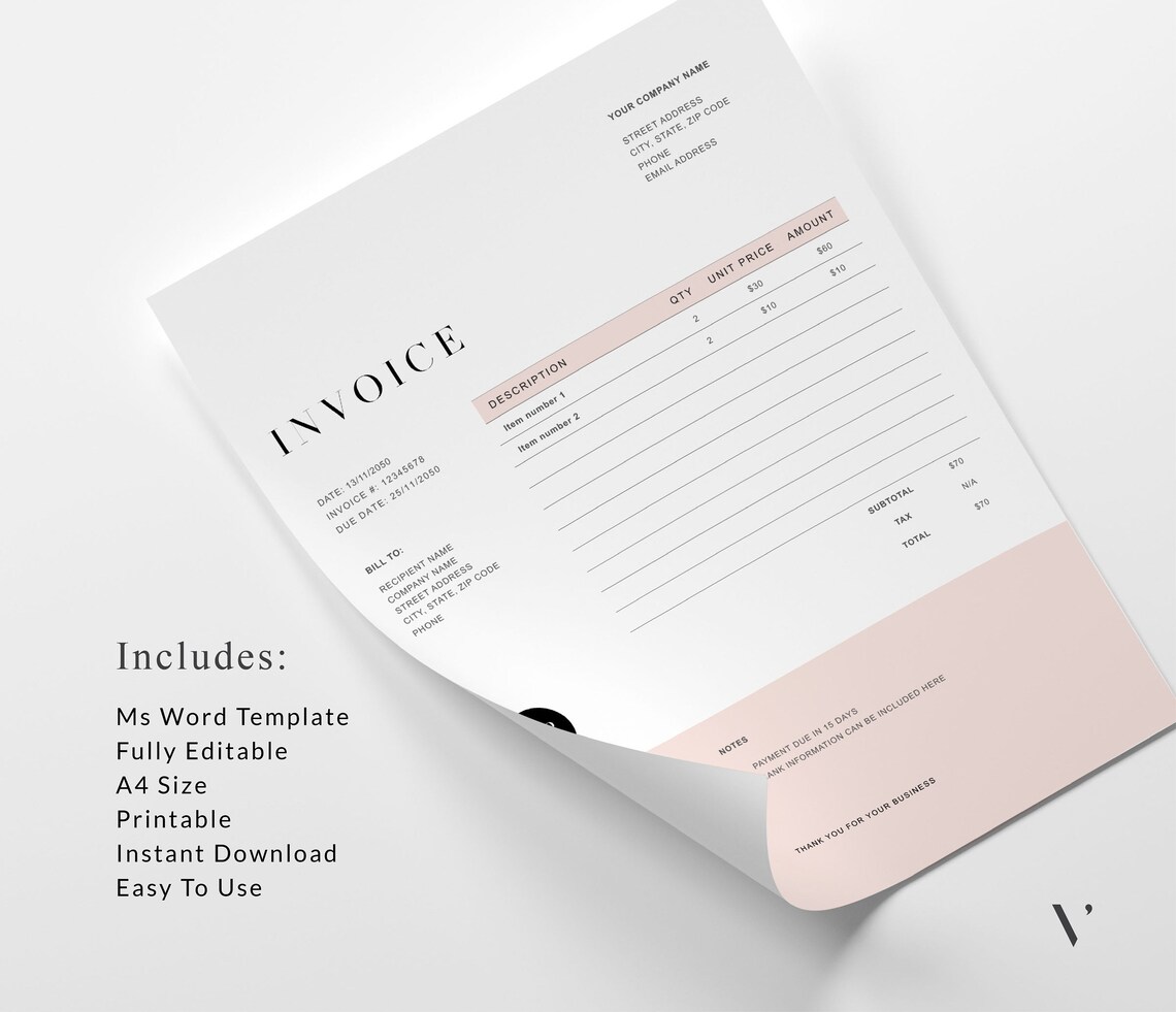 Editable Invoice Template | Printable Business Billing Form (MS Word ...