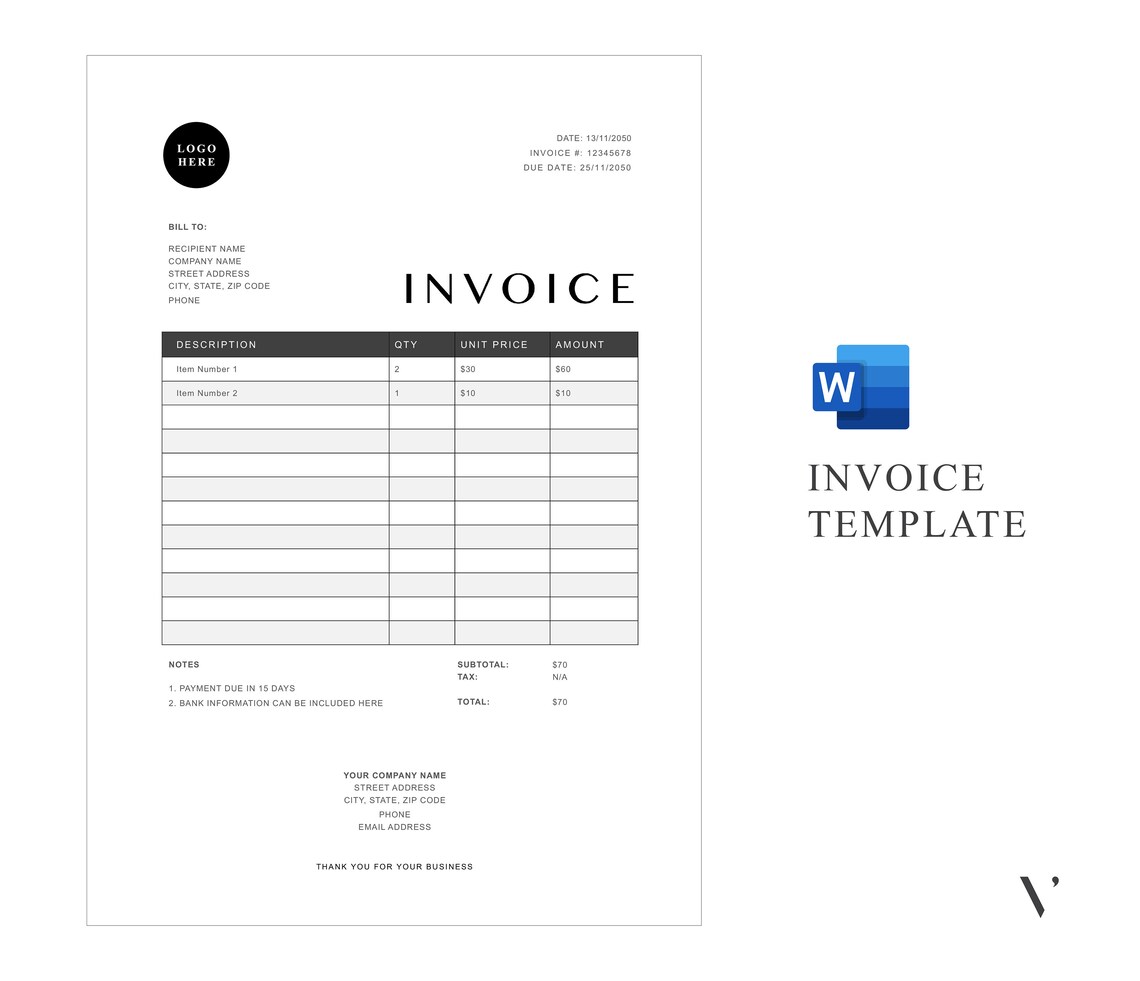 Editable Invoice Template | Printable Business Billing Form (MS Word ...