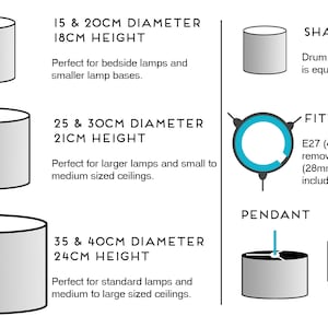 Size guide: Diameter 15 & 20cm, height 18cm. Diameter 25 & 30cm, height 21cm. Diameter 35 & 40cm, height 24cm. Shape: Drum. Fitting is E27 (40mm) with removeable B22 (28mm) adapter. Pendant orientation has fixture at top, table has fixture at bottom.