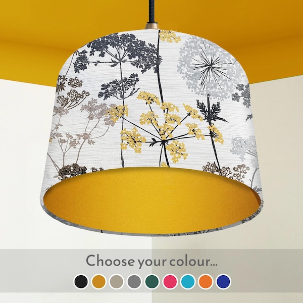 Farmhouse Style Rustic Lampshade, Grey and Yellow Cow Parsley Print Light Shade